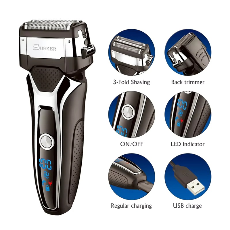 Men'S Grooming Essentials - Surker เครื่องโกนหนวดไฟฟ้าสําหรับผู้ชายแบบชาร์จไฟได้อัจฉริยะมีดโกนล้างทําความสะอาดได้จอแสดงผล LCD แบบดิจิตอลเครื่องโกนหนวด
