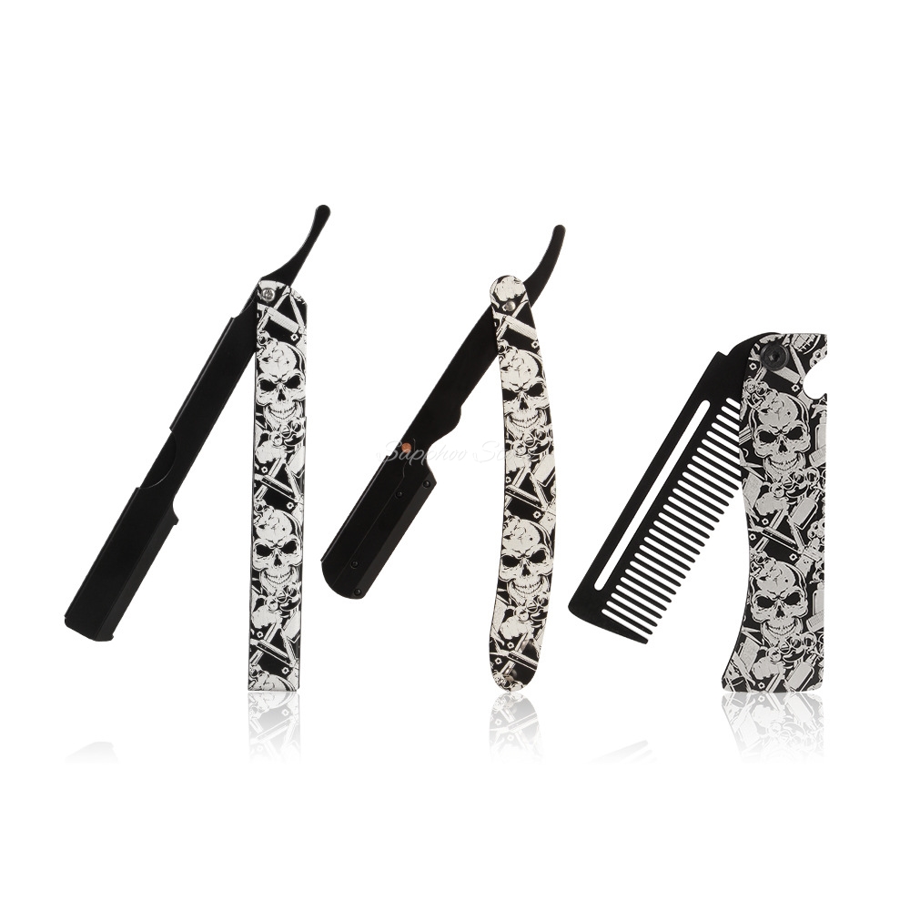 Men'S Grooming Essentials - ชุดโกนหนวดสำหรับช่างตัดผม ปี 2026 มีดโกนพับได้ลายหัวกะโหลก พร้อมหวีพกพา ชุดอุปกรณ์โกนหนวดสำหรับผู้ชาย
